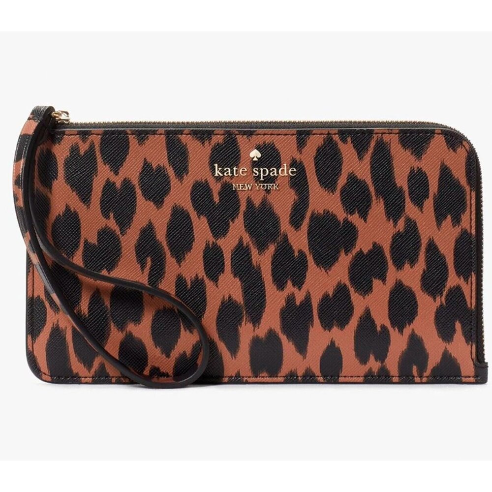S Kate Spade Lucy Saffiano Leopard L-Zip Wristlet KE636 Leopardo Cheetah NWT$139